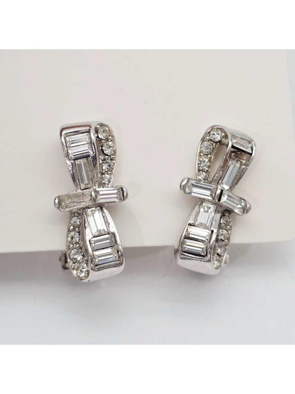 Vintage Pell Rhinestone Bow Clip-On Earrings Silver Tone 1"